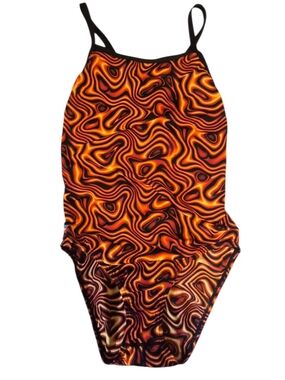 Speedo Racer Back Swirl Print Orange Black One-Piece Swimwear, Sz 14